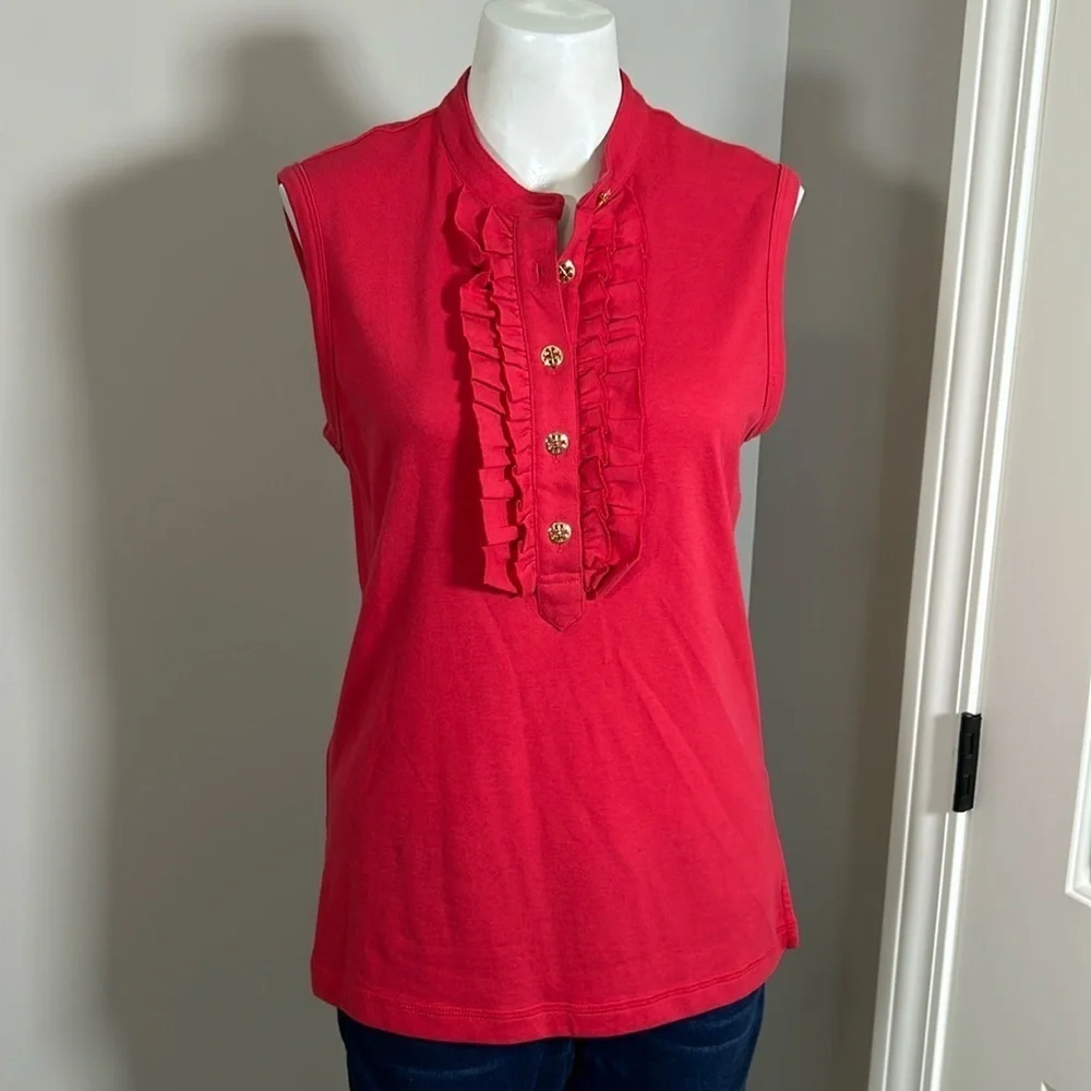 Tory Burch Lidia Ruffled Polo Shirt Red With Gold Logo Buttons Top Sz M